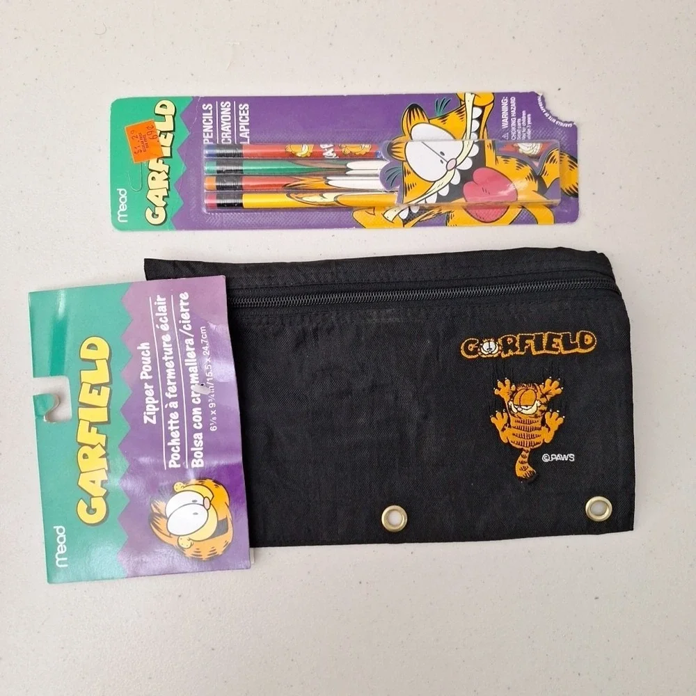 Vintage NEW 1990s Mead Embroidered Garfield Zipper Pouch Black & 4 No. 2 Pencils